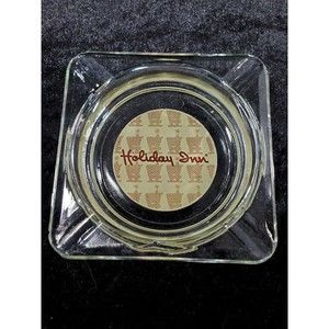 Holiday Inn Hotel Clear Glass Square Ashtray 4x4 Brown Old Sign Silhouette VTG
